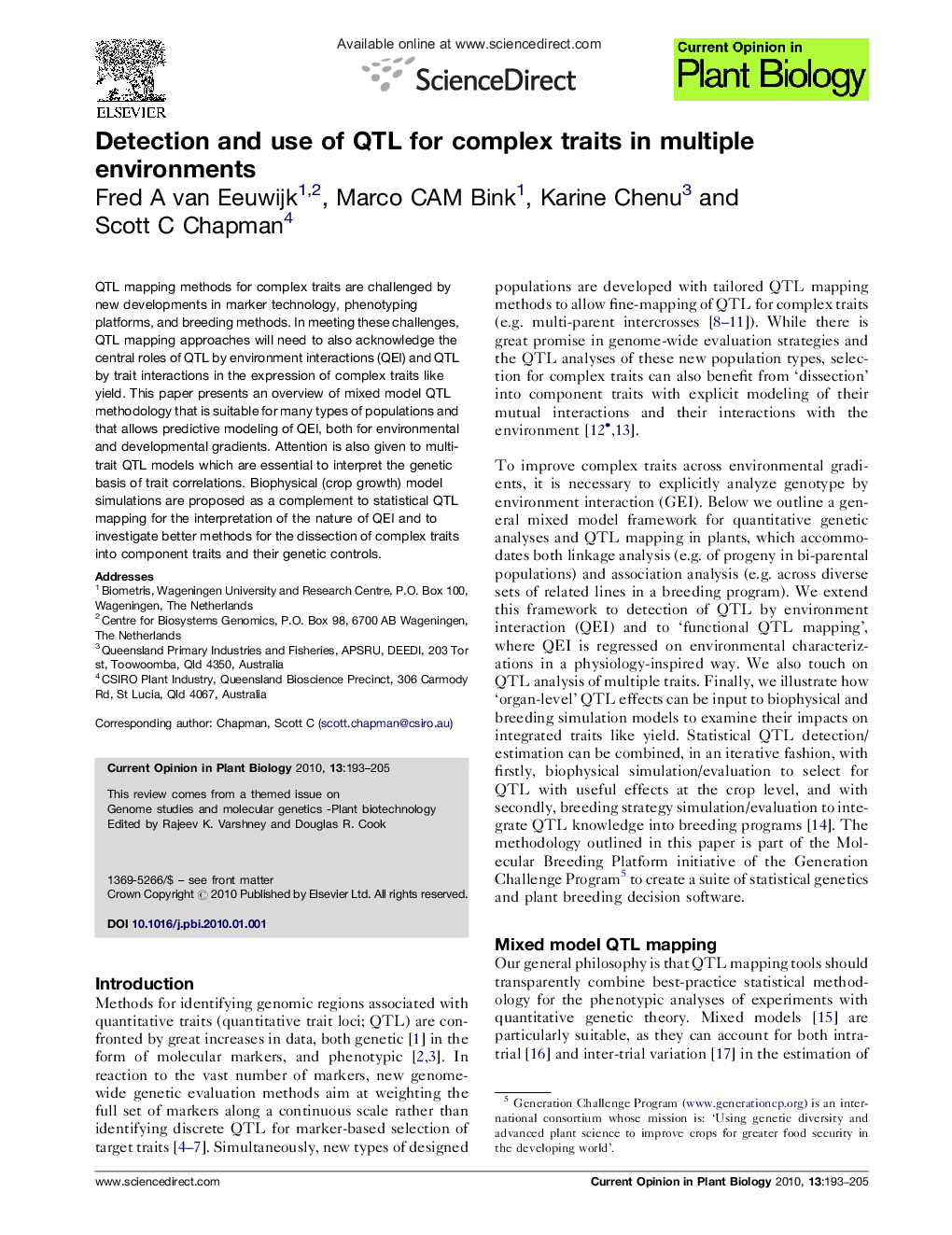 Detection and use of QTL for complex traits in multiple environments