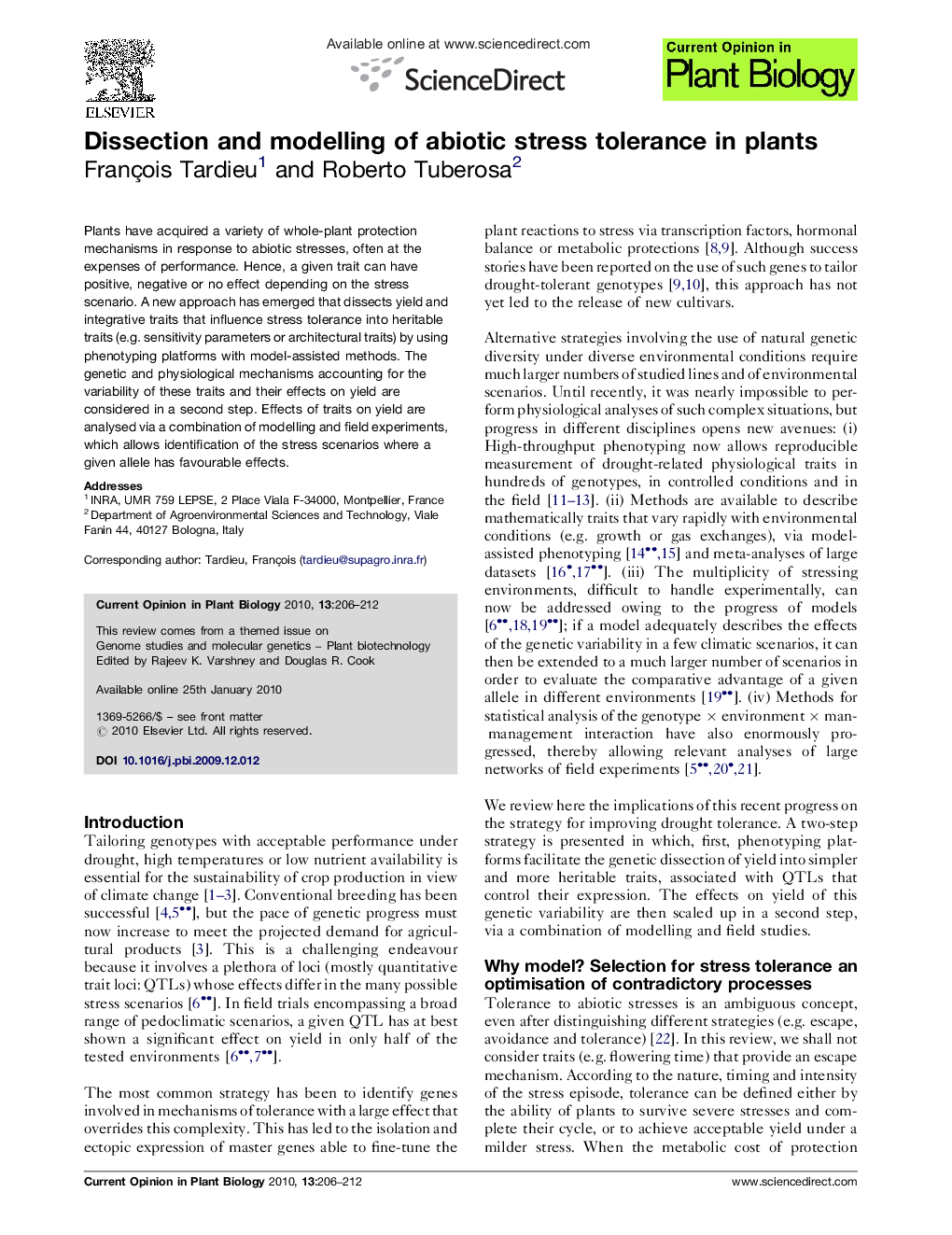 Dissection and modelling of abiotic stress tolerance in plants