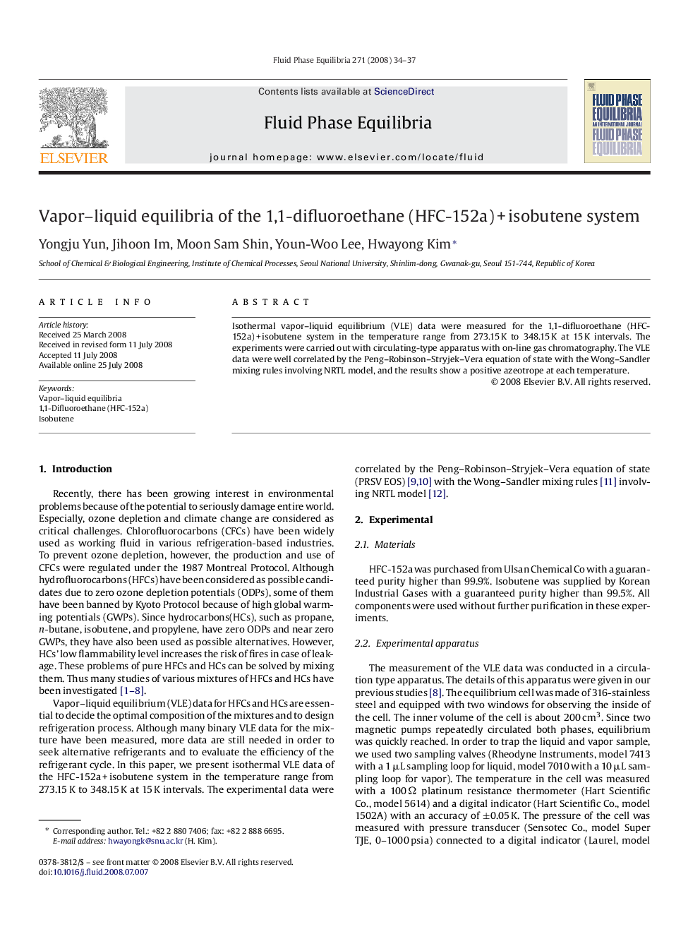 Vapor–liquid equilibria of the 1,1-difluoroethane (HFC-152a) + isobutene system