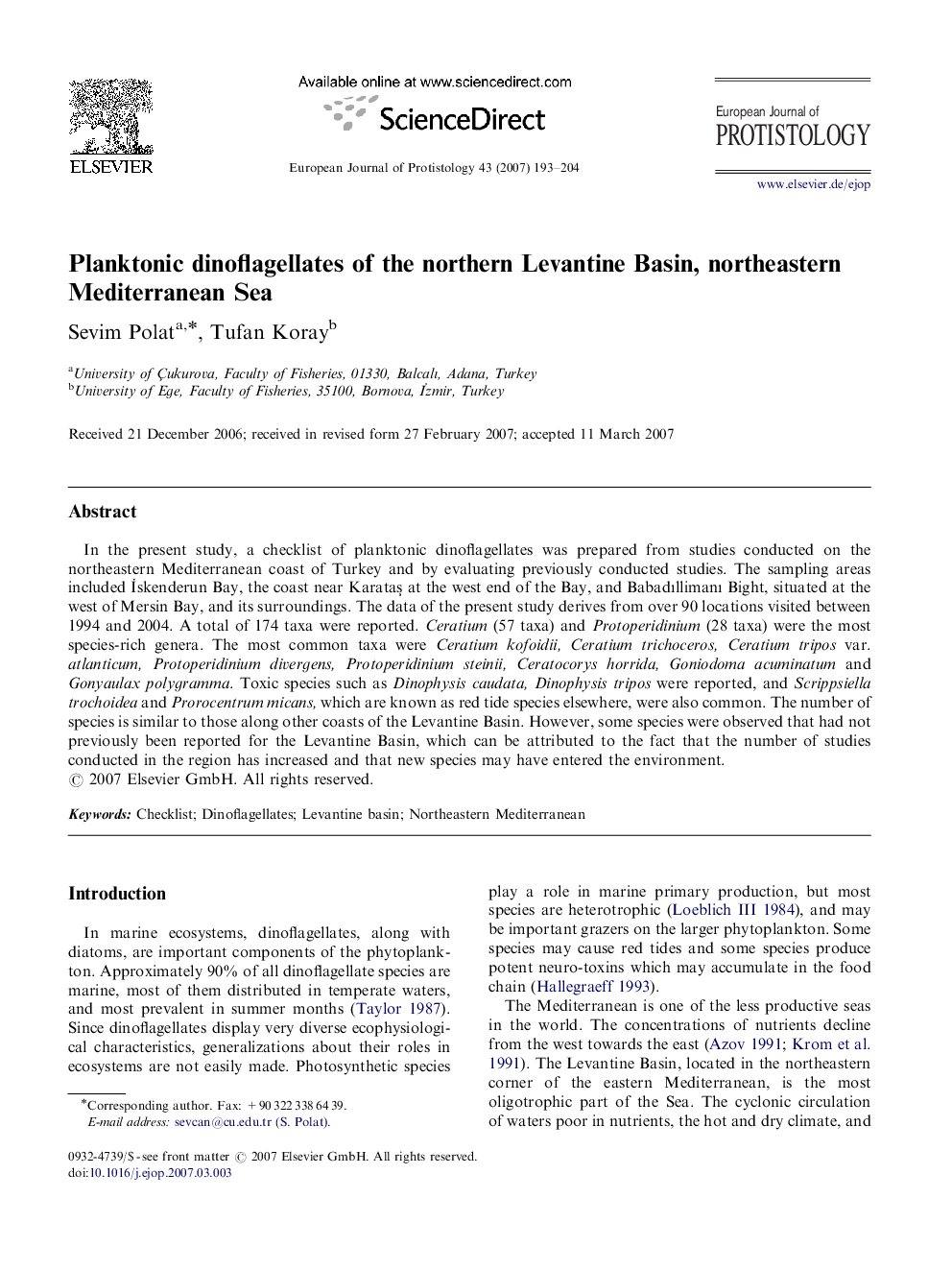 Planktonic dinoflagellates of the northern Levantine Basin, northeastern Mediterranean Sea