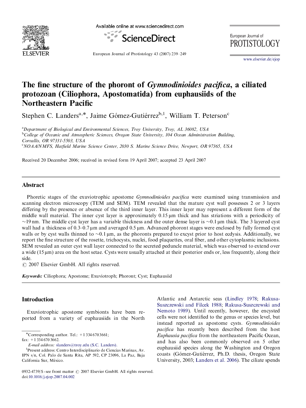 The fine structure of the phoront of Gymnodinioides pacifica, a ciliated protozoan (Ciliophora, Apostomatida) from euphausiids of the Northeastern Pacific