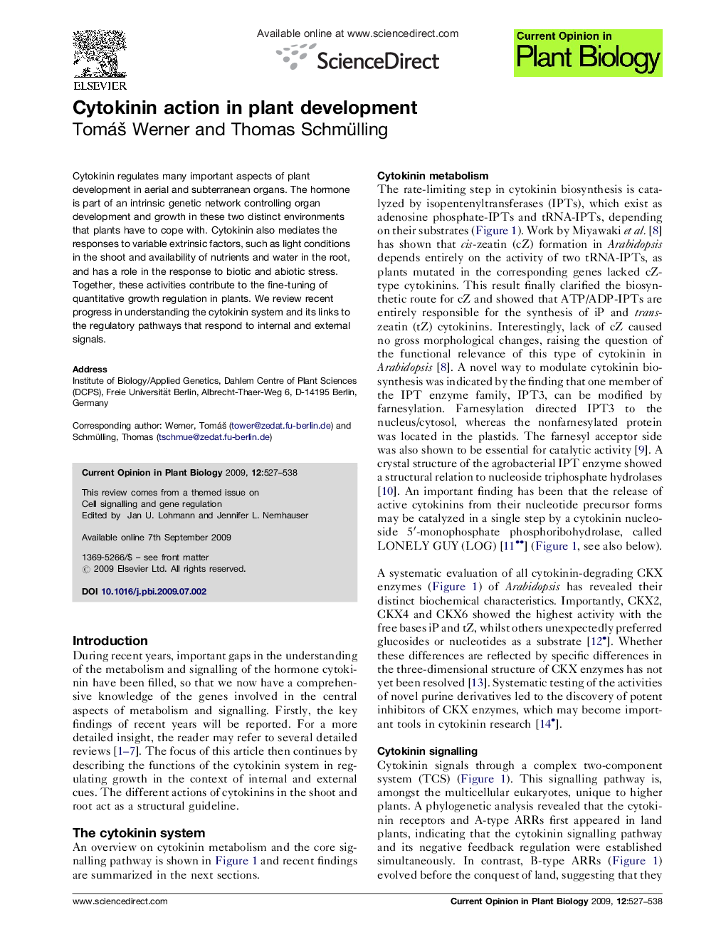 Cytokinin action in plant development