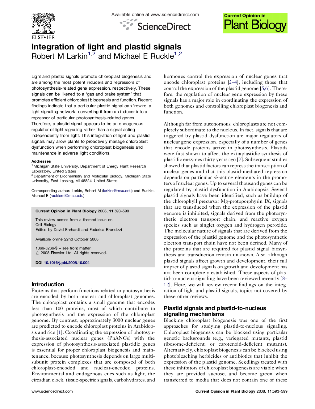 Integration of light and plastid signals