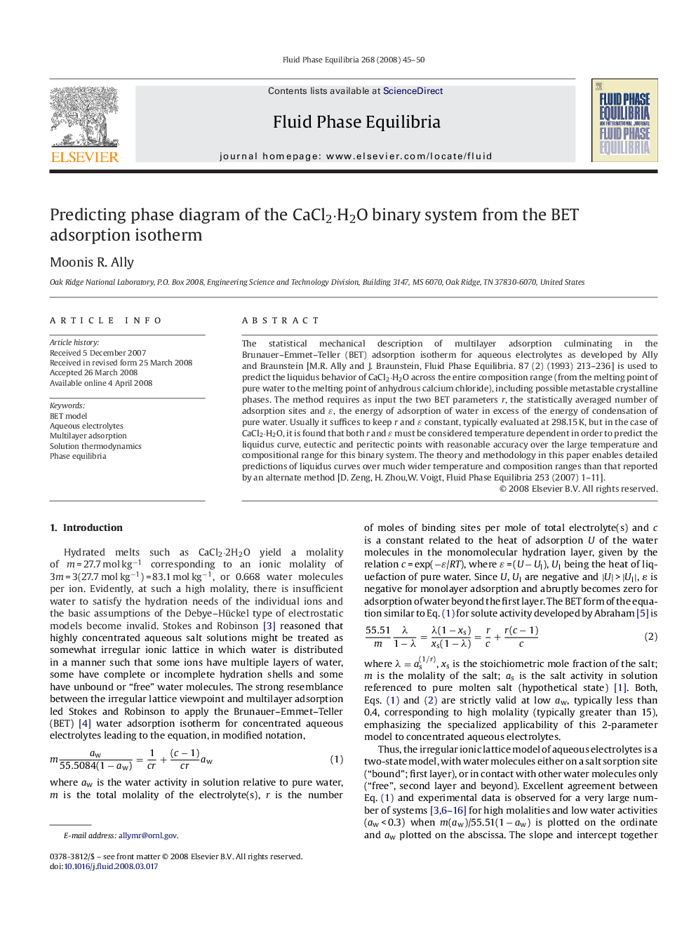 Predicting phase diagram of the CaCl2·H2O binary system from the BET adsorption isotherm