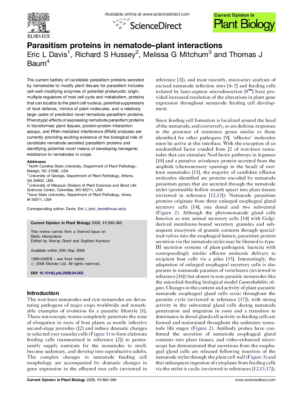 Parasitism proteins in nematode–plant interactions