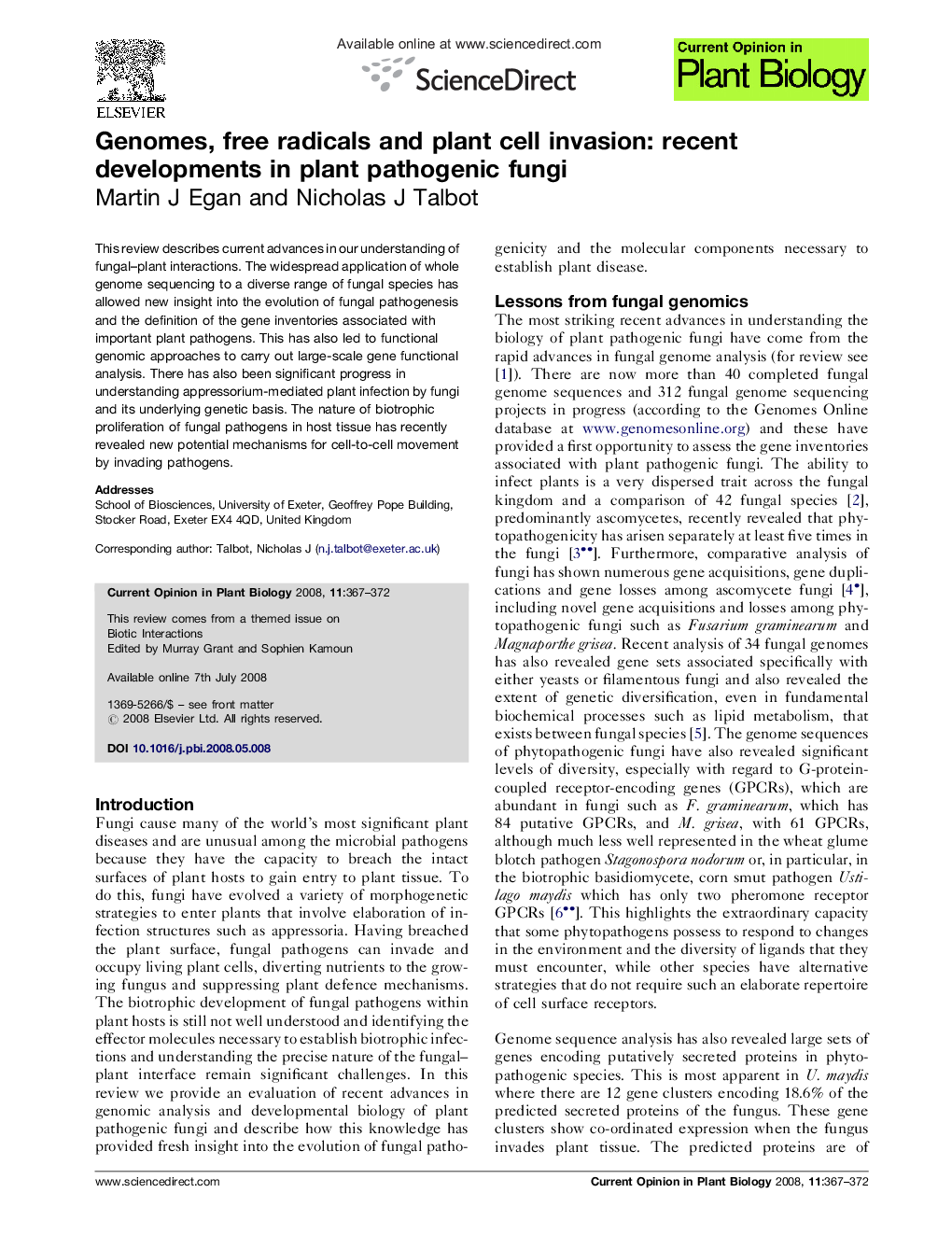 Genomes, free radicals and plant cell invasion: recent developments in plant pathogenic fungi
