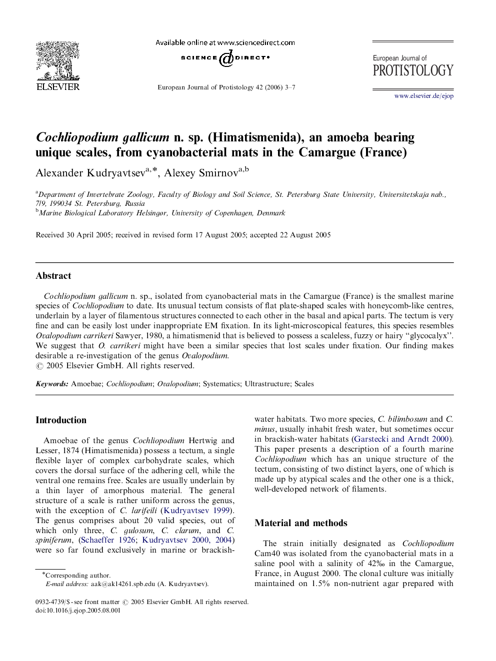 Cochliopodium gallicum n. sp. (Himatismenida), an amoeba bearing unique scales, from cyanobacterial mats in the Camargue (France)