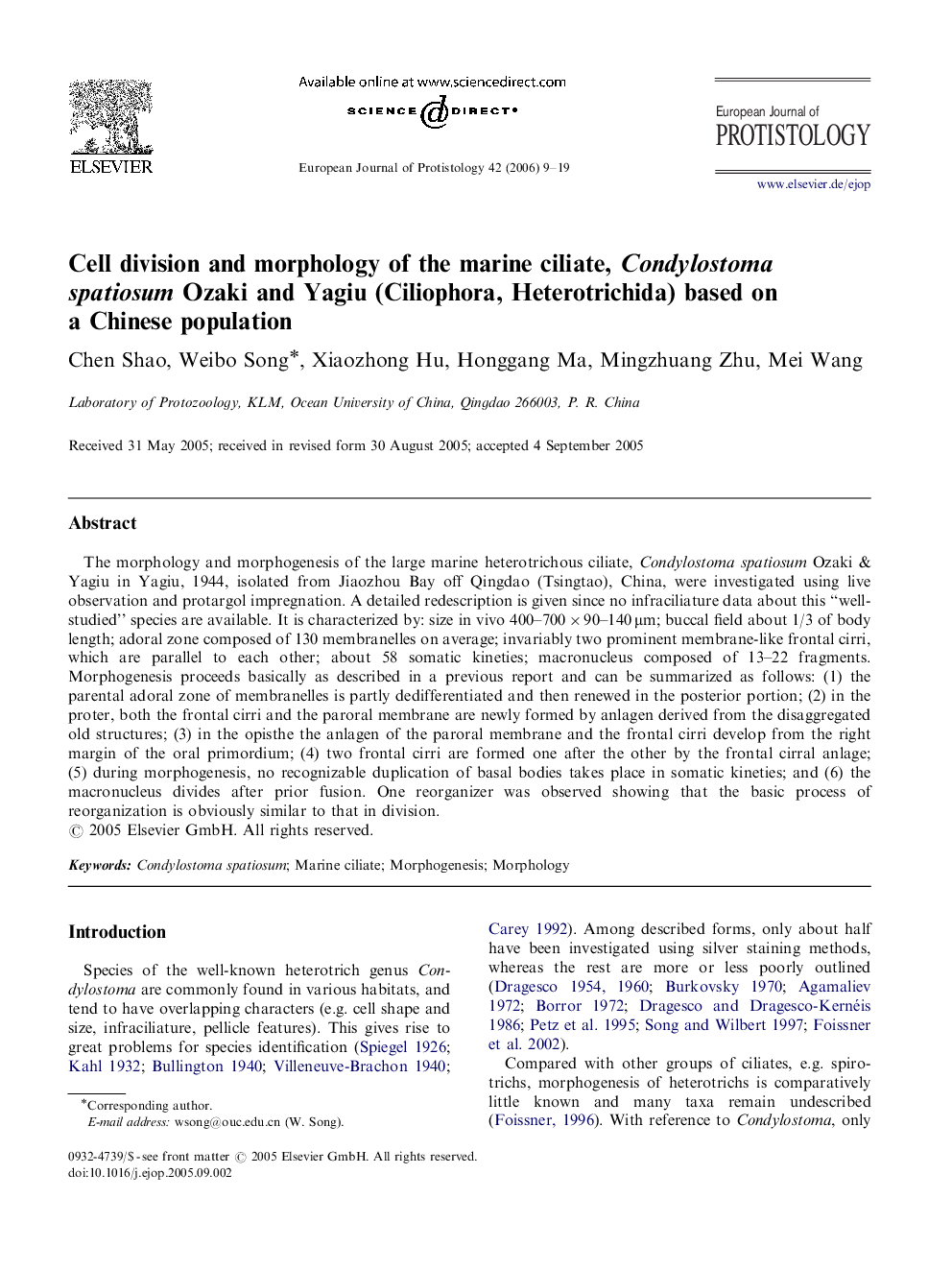 Cell division and morphology of the marine ciliate, Condylostoma spatiosum Ozaki and Yagiu (Ciliophora, Heterotrichida) based on a Chinese population