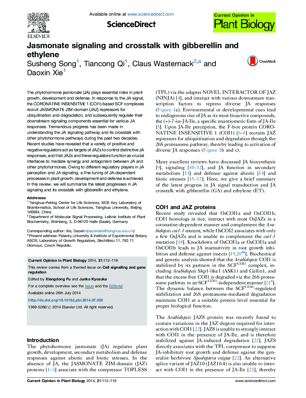 Jasmonate signaling and crosstalk with gibberellin and ethylene