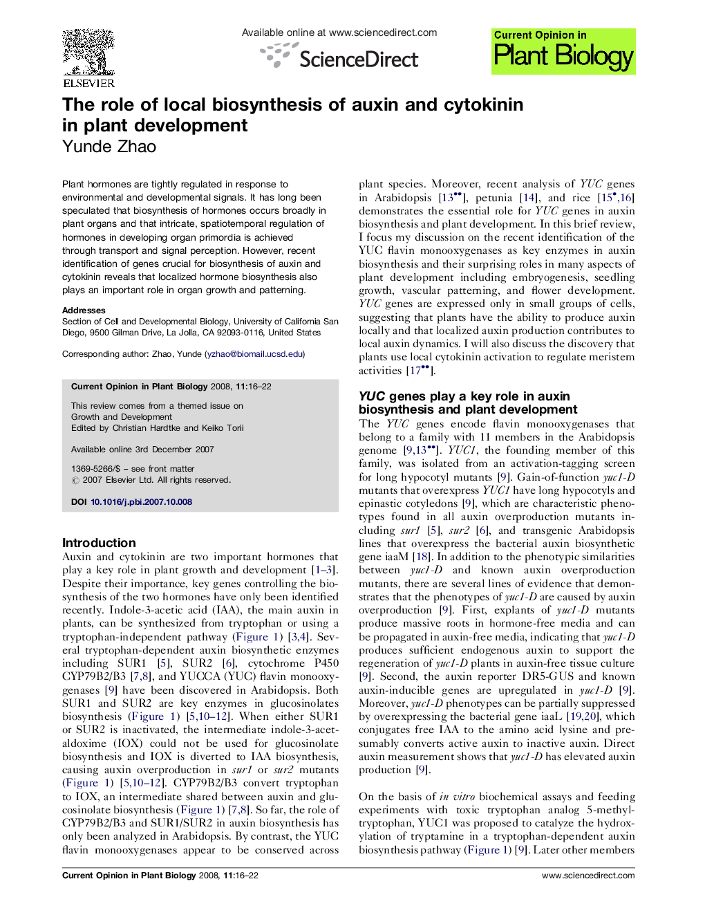 The role of local biosynthesis of auxin and cytokinin in plant development