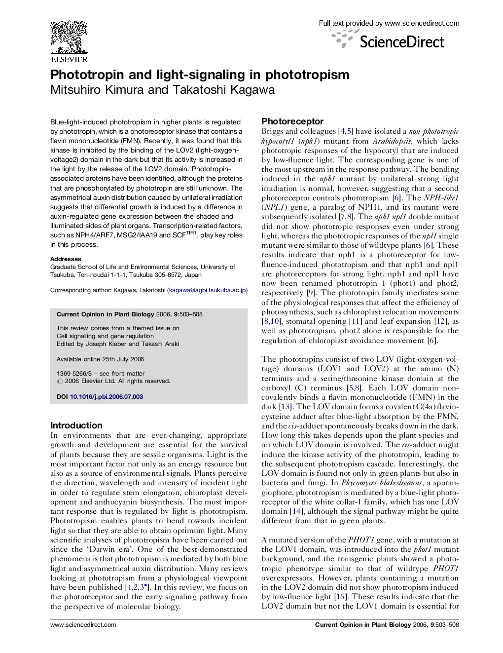 Phototropin and light-signaling in phototropism