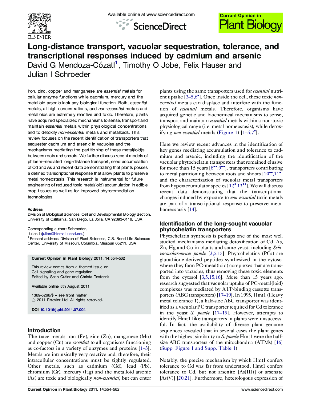 Long-distance transport, vacuolar sequestration, tolerance, and transcriptional responses induced by cadmium and arsenic