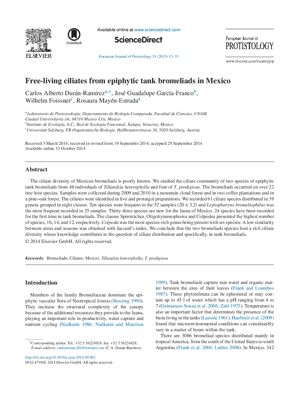 Free-living ciliates from epiphytic tank bromeliads in Mexico