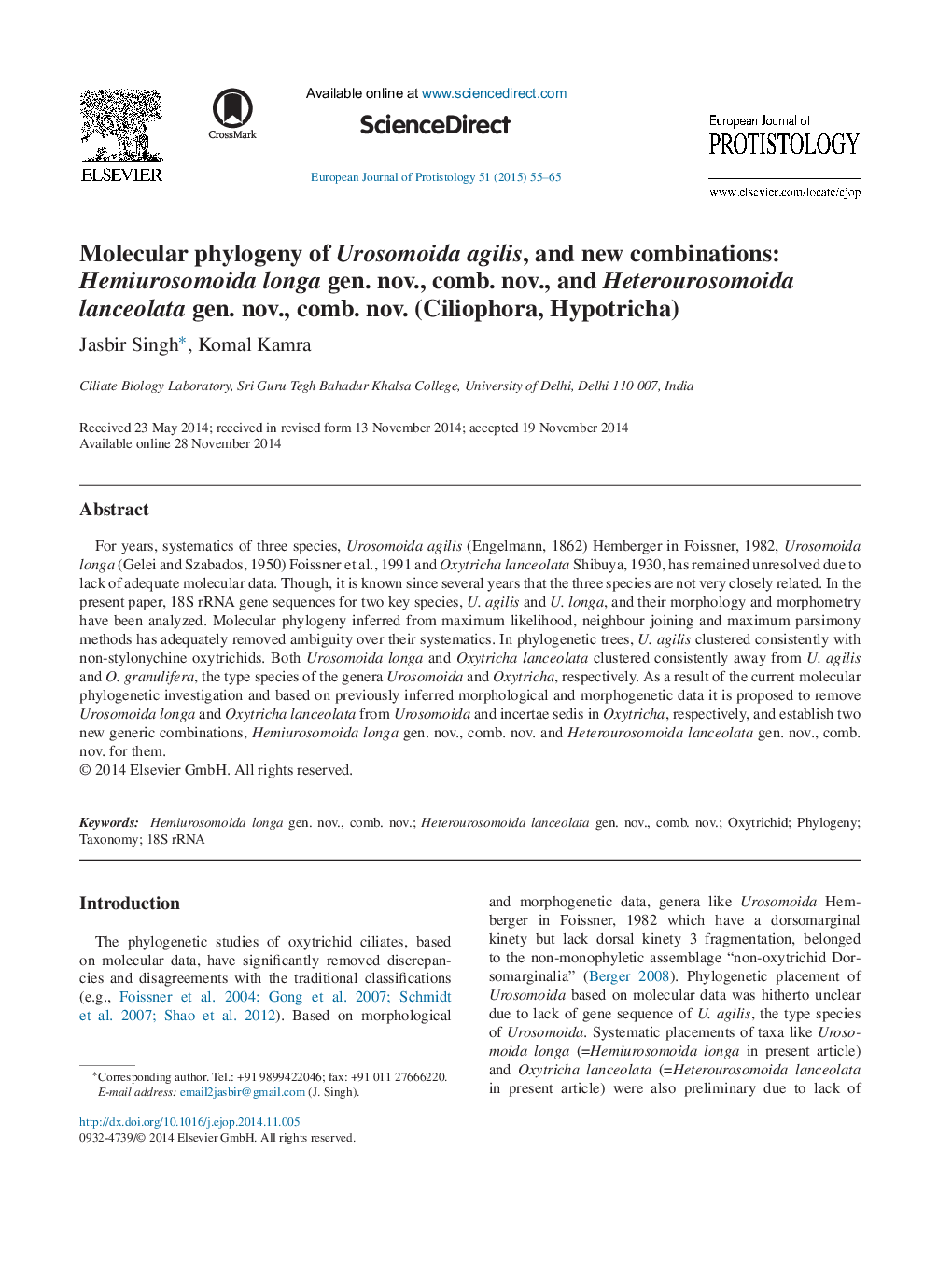 Molecular phylogeny of Urosomoida agilis, and new combinations: Hemiurosomoida longa gen. nov., comb. nov., and Heterourosomoida lanceolata gen. nov., comb. nov. (Ciliophora, Hypotricha)