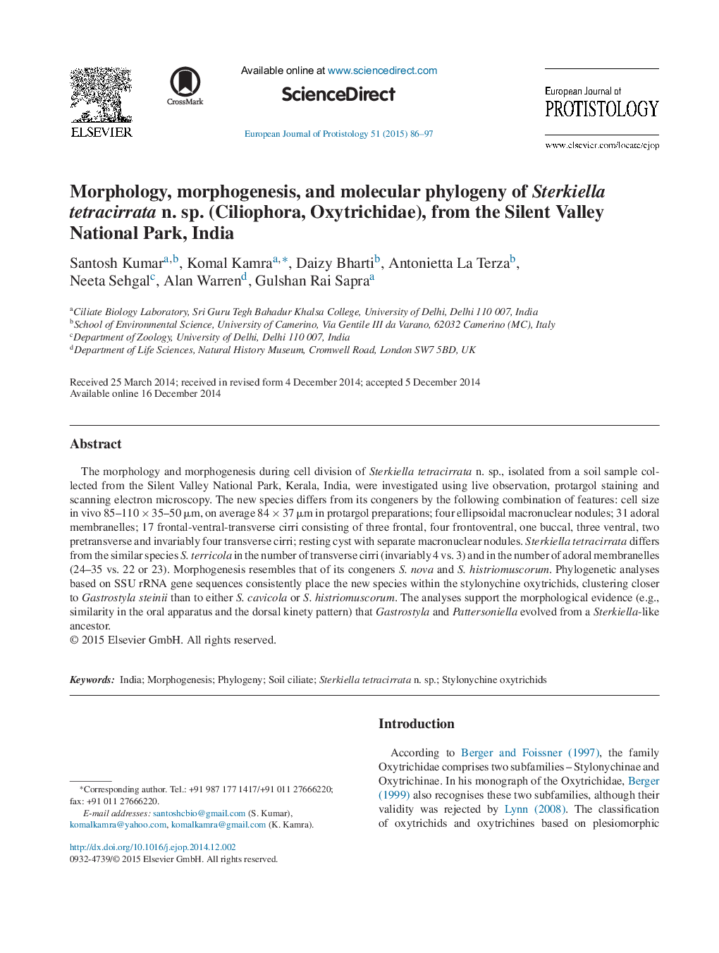 Morphology, morphogenesis, and molecular phylogeny of Sterkiella tetracirrata n. sp. (Ciliophora, Oxytrichidae), from the Silent Valley National Park, India