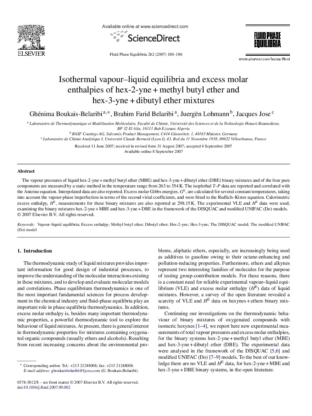 Isothermal vapour–liquid equilibria and excess molar enthalpies of hex-2-yne + methyl butyl ether and hex-3-yne + dibutyl ether mixtures