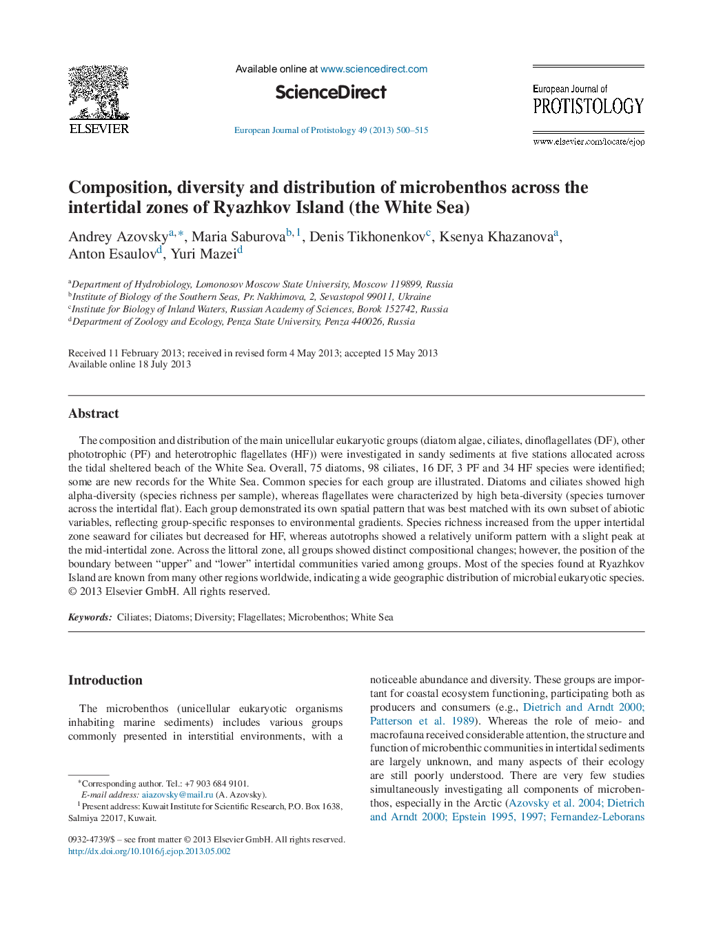 Composition, diversity and distribution of microbenthos across the intertidal zones of Ryazhkov Island (the White Sea)