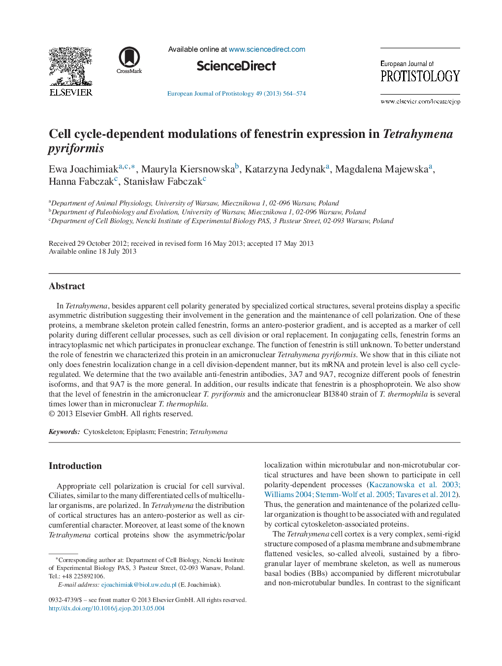 Cell cycle-dependent modulations of fenestrin expression in Tetrahymena pyriformis