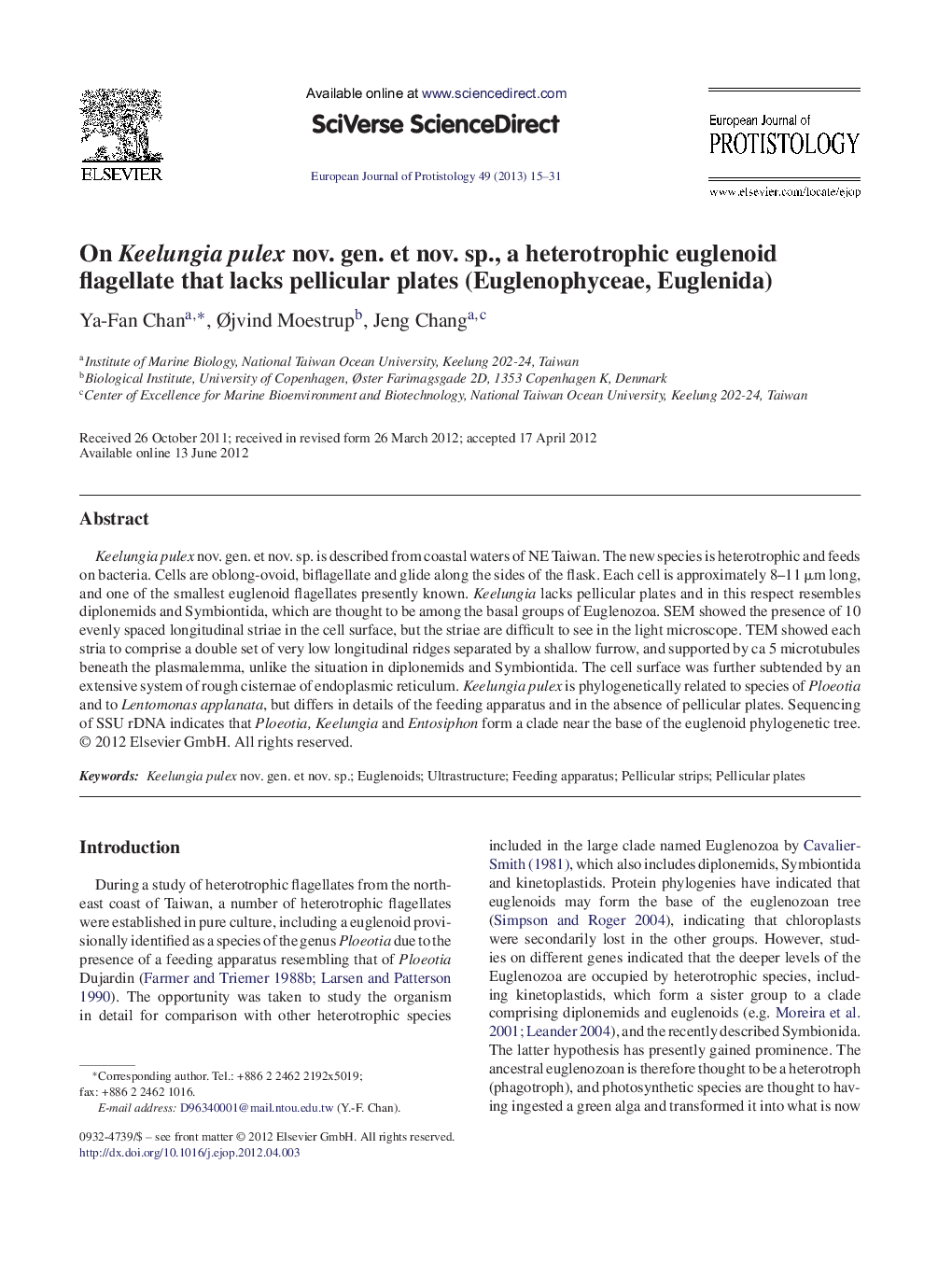 On Keelungia pulex nov. gen. et nov. sp., a heterotrophic euglenoid flagellate that lacks pellicular plates (Euglenophyceae, Euglenida)