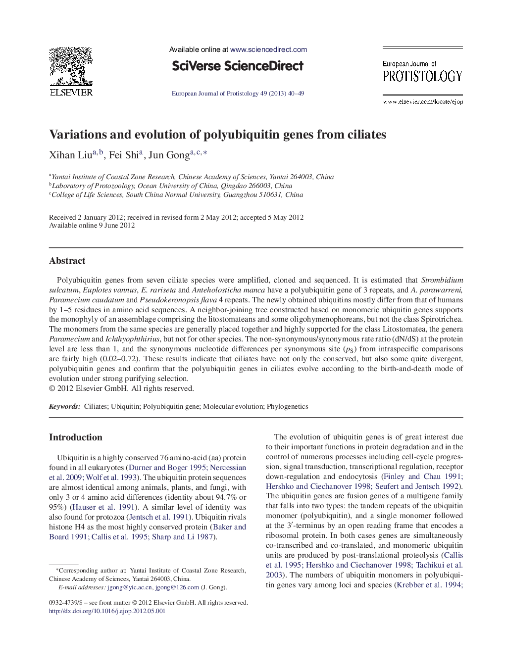 Variations and evolution of polyubiquitin genes from ciliates