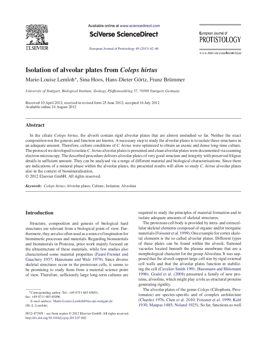 Isolation of alveolar plates from Coleps hirtus