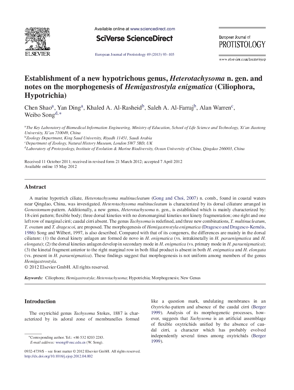 Establishment of a new hypotrichous genus, Heterotachysoma n. gen. and notes on the morphogenesis of Hemigastrostyla enigmatica (Ciliophora, Hypotrichia)