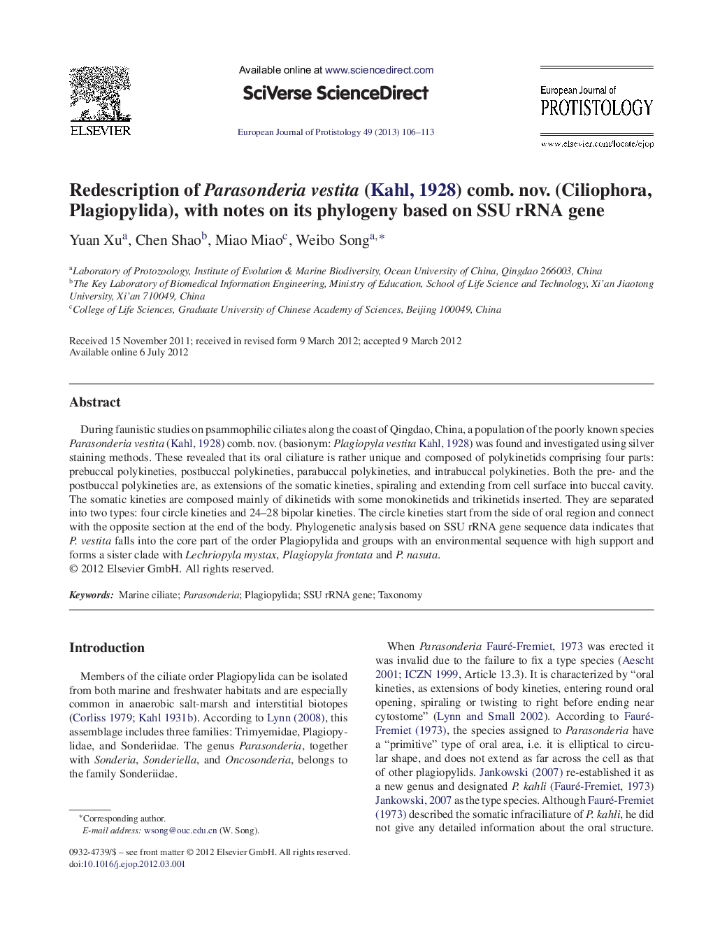 Redescription of Parasonderia vestita ( Kahl, 1928) comb. nov. (Ciliophora, Plagiopylida), with notes on its phylogeny based on SSU rRNA gene