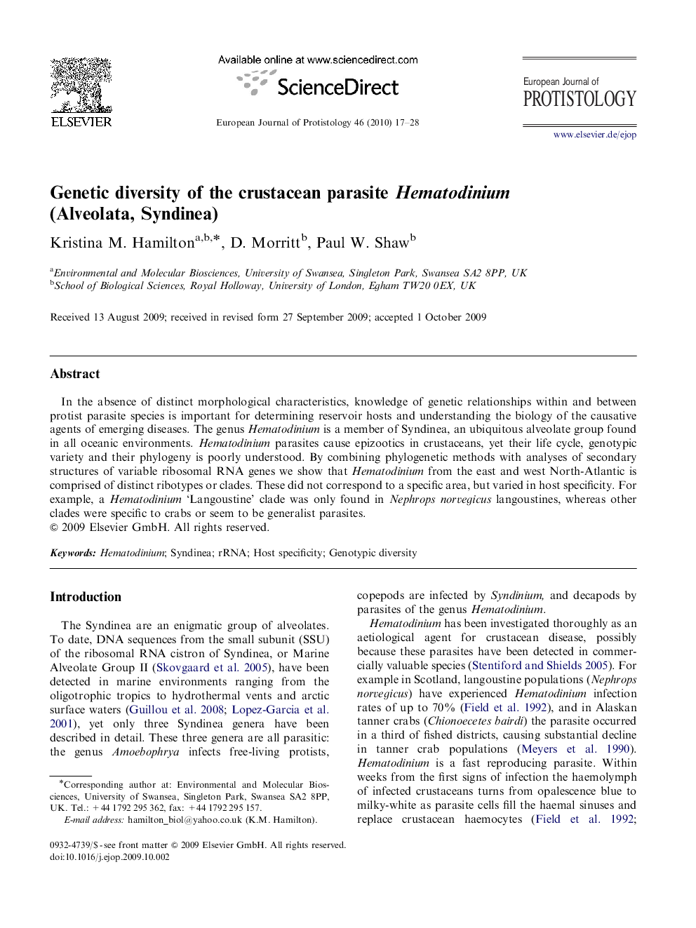 Genetic diversity of the crustacean parasite Hematodinium (Alveolata, Syndinea)