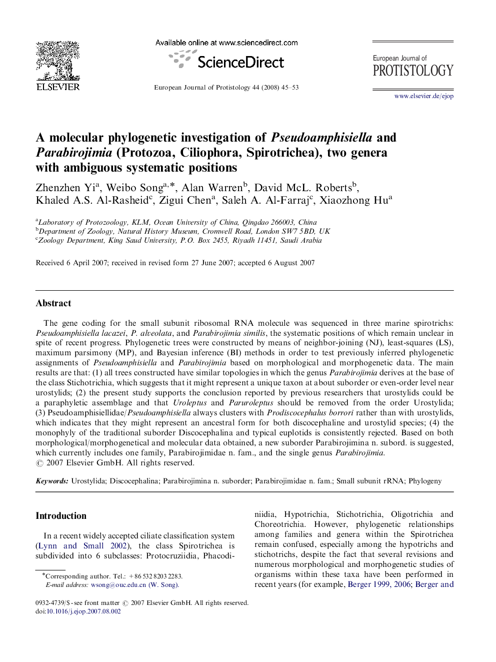 A molecular phylogenetic investigation of Pseudoamphisiella and Parabirojimia (Protozoa, Ciliophora, Spirotrichea), two genera with ambiguous systematic positions