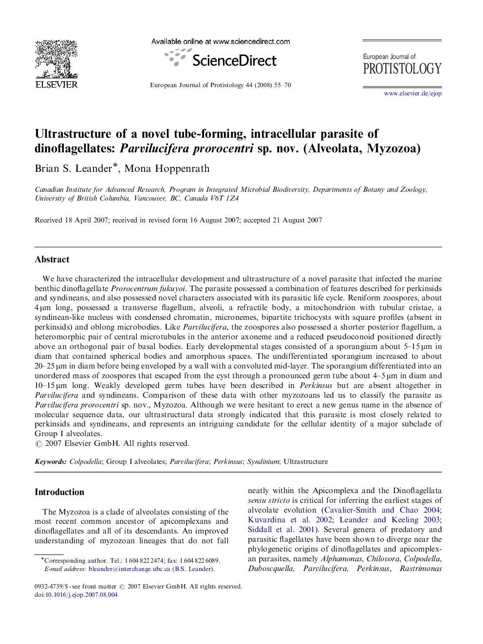 Ultrastructure of a novel tube-forming, intracellular parasite of dinoflagellates: Parvilucifera prorocentri sp. nov. (Alveolata, Myzozoa)