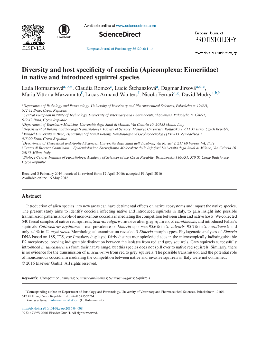 Diversity and host specificity of coccidia (Apicomplexa: Eimeriidae) in native and introduced squirrel species