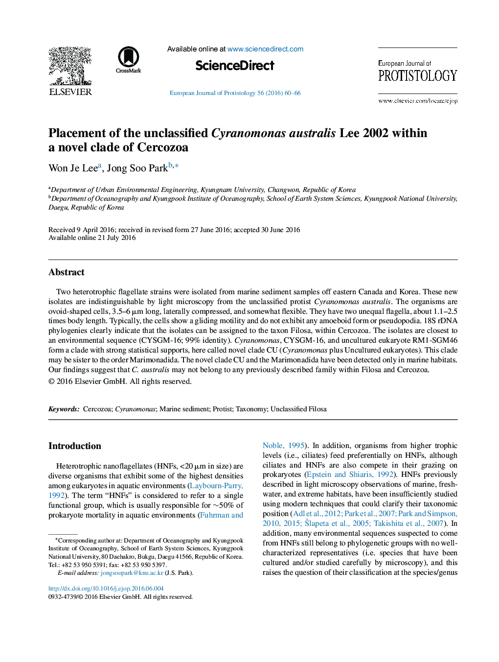 Placement of the unclassified Cyranomonas australis Lee 2002 within a novel clade of Cercozoa