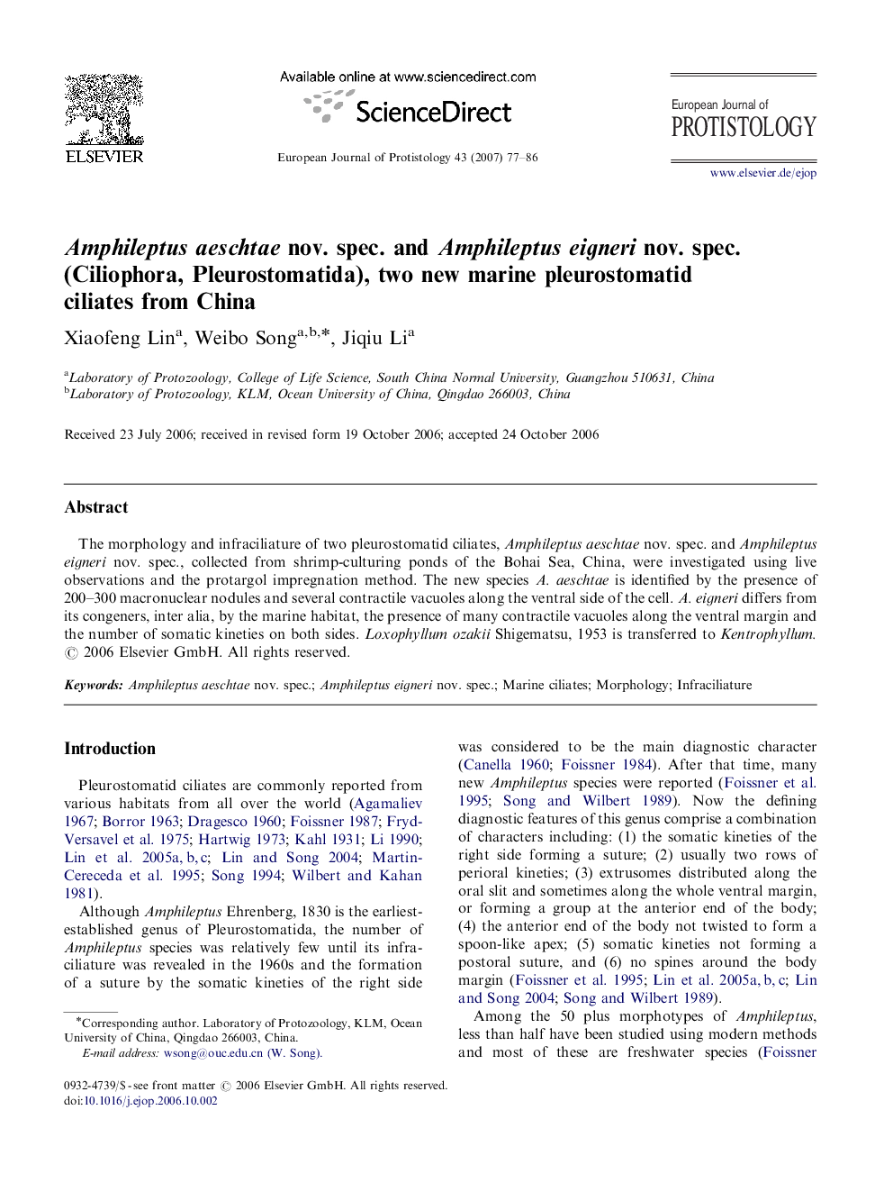 Amphileptus aeschtae nov. spec. and Amphileptus eigneri nov. spec. (Ciliophora, Pleurostomatida), two new marine pleurostomatid ciliates from China