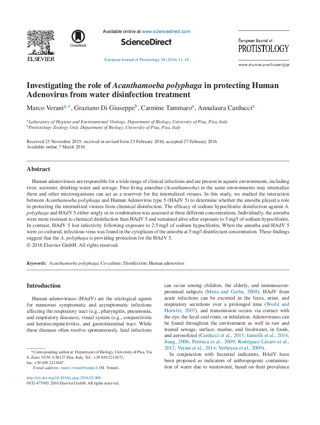 Investigating the role of Acanthamoeba polyphaga in protecting Human Adenovirus from water disinfection treatment