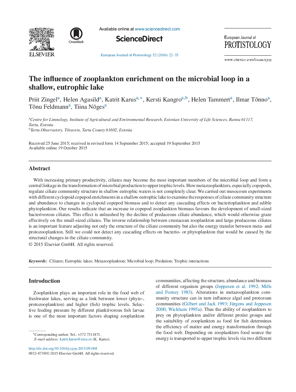 The influence of zooplankton enrichment on the microbial loop in a shallow, eutrophic lake