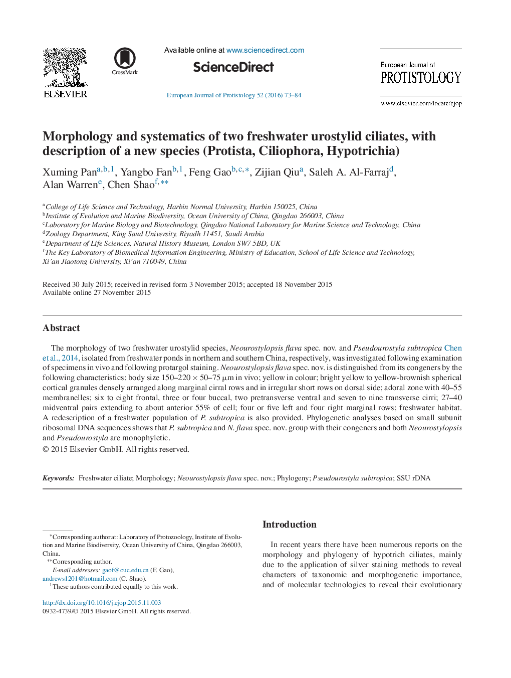 مورفولوژی و سیستماتیک دو سیلوستر یروستیلد آب شیرین با توصیف یک گونه جدید (پروتیستا، سیلوفورا، هیپوتریچیا) 