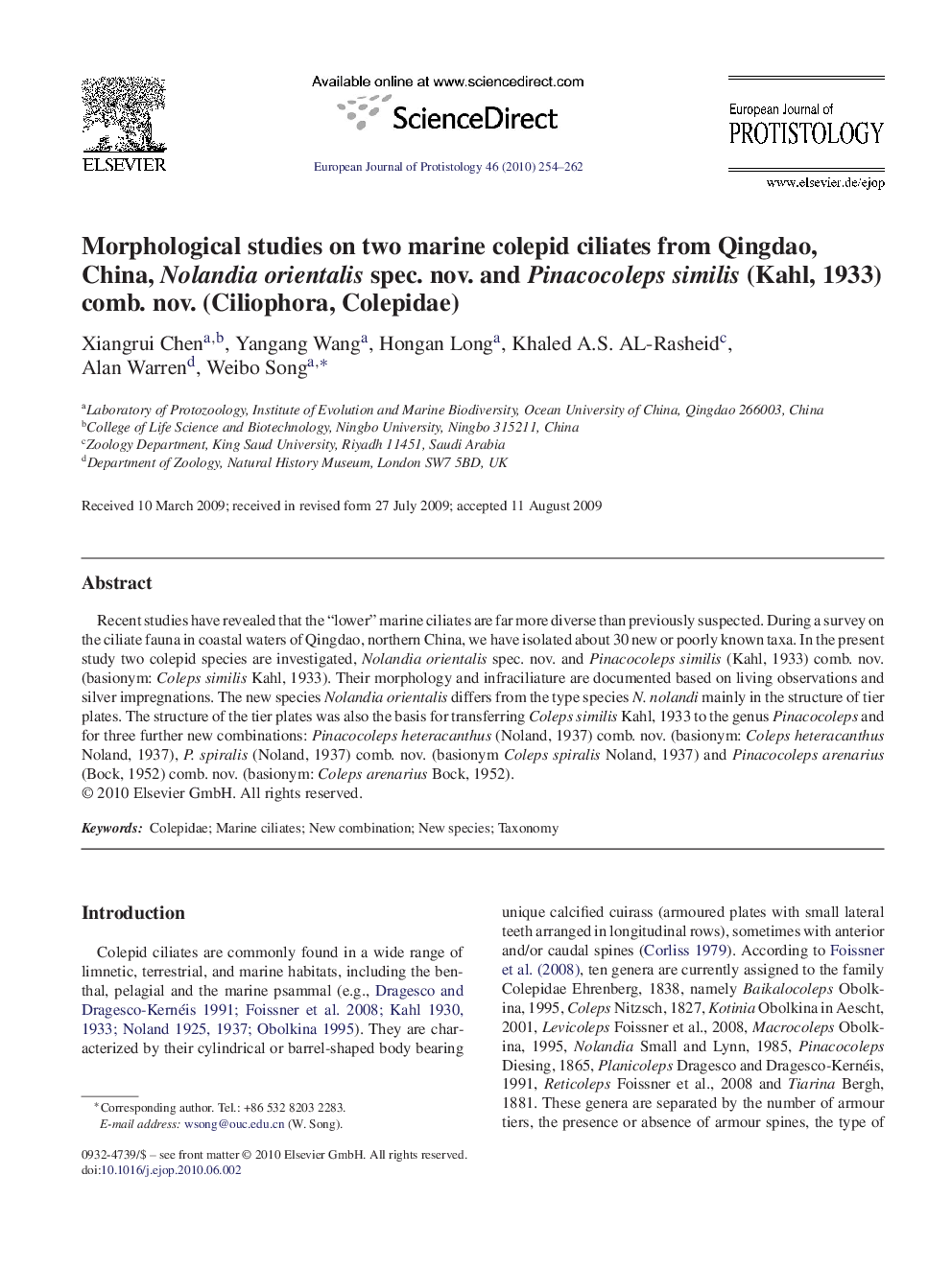 Morphological studies on two marine colepid ciliates from Qingdao, China, Nolandia orientalis spec. nov. and Pinacocoleps similis (Kahl, 1933) comb. nov. (Ciliophora, Colepidae)