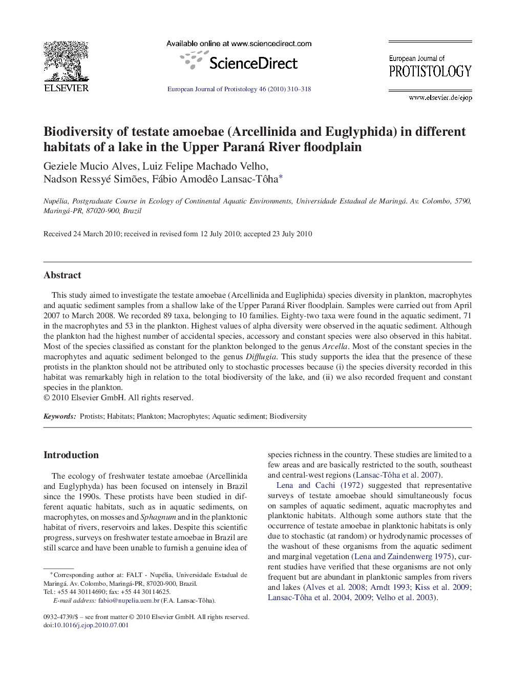 Biodiversity of testate amoebae (Arcellinida and Euglyphida) in different habitats of a lake in the Upper Paraná River floodplain