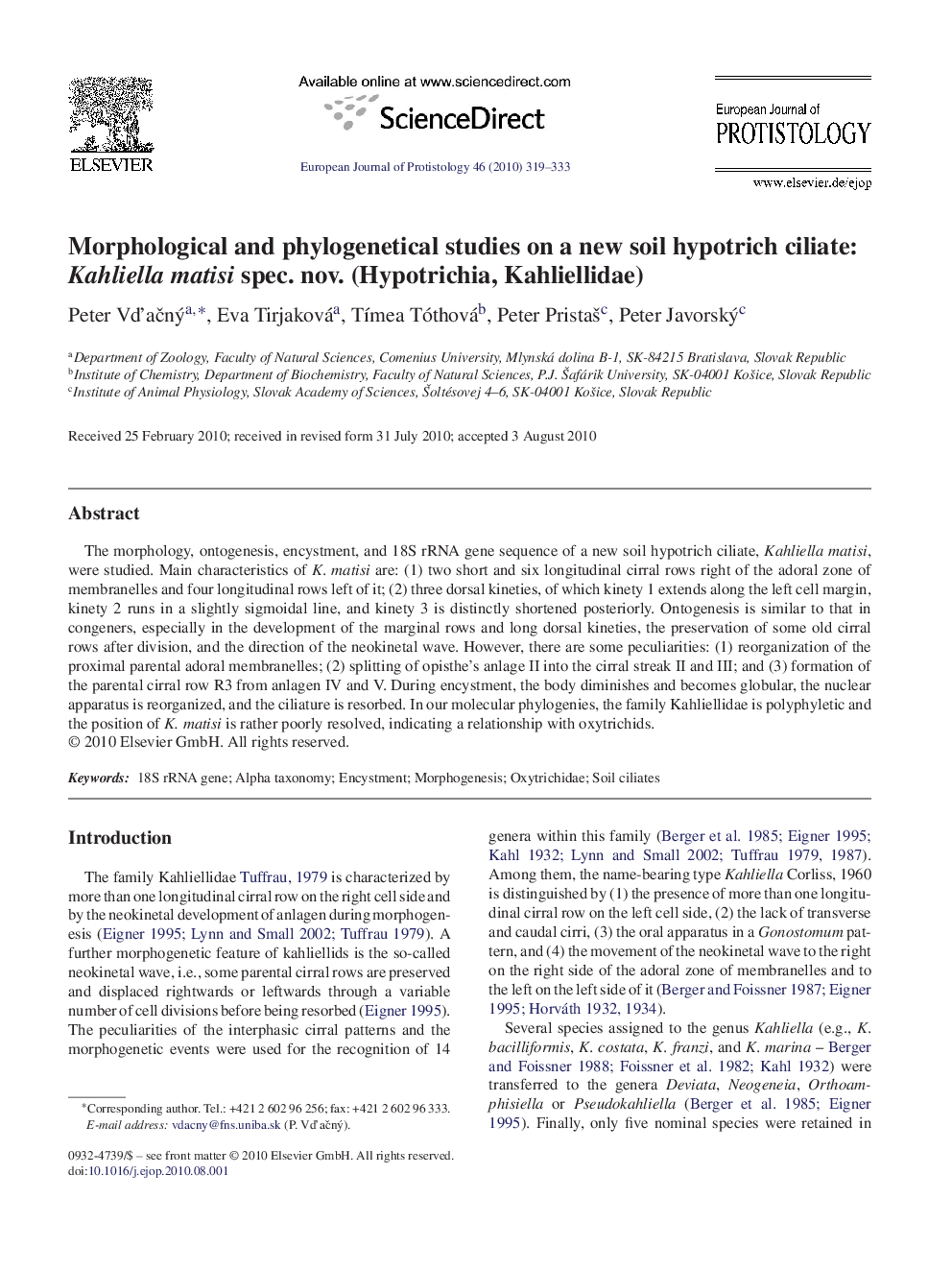 Morphological and phylogenetical studies on a new soil hypotrich ciliate: Kahliella matisi spec. nov. (Hypotrichia, Kahliellidae)