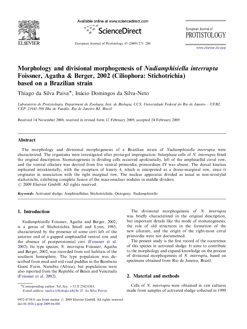 Morphology and divisional morphogenesis of Nudiamphisiella interrupta Foissner, Agatha & Berger, 2002 (Ciliophora: Stichotrichia) based on a Brazilian strain