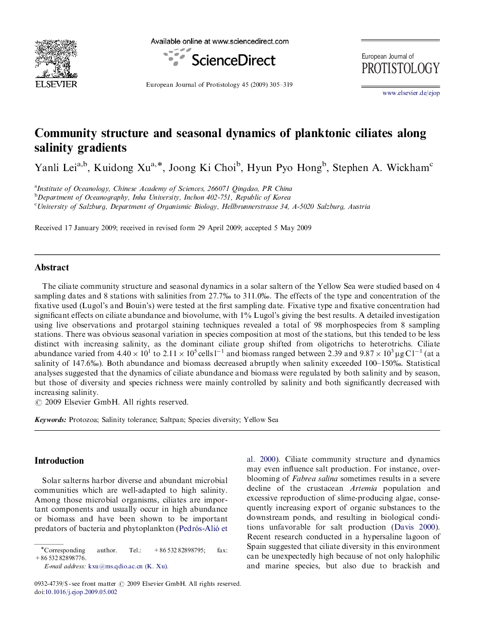 عکس صفحه اول مقاله: Community structure and seasonal dynamics of planktonic ciliates along salinity gradients Community structure and seasonal dynamics of planktonic ciliates along salinity gradients