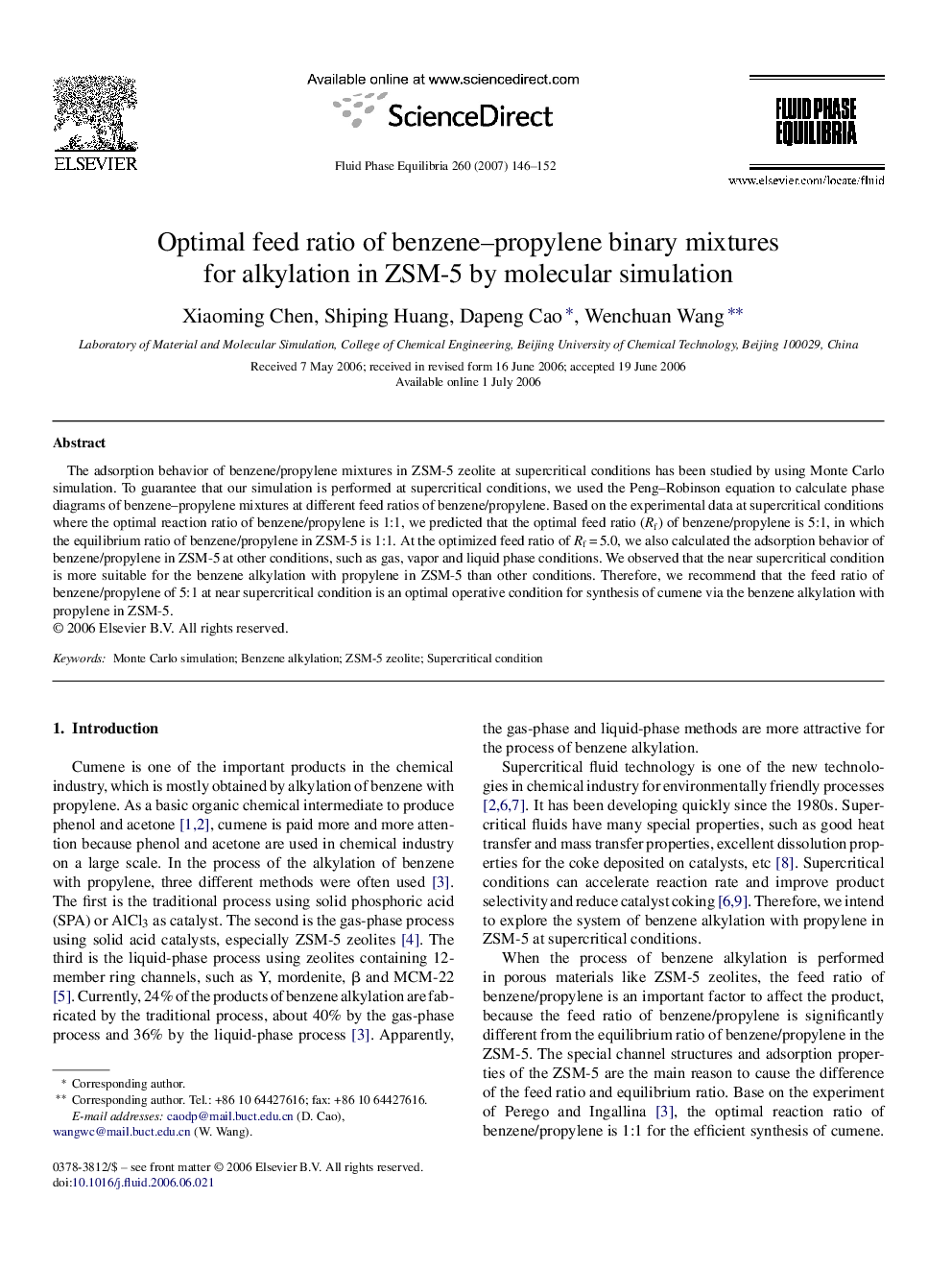 Optimal feed ratio of benzene–propylene binary mixtures for alkylation in ZSM-5 by molecular simulation