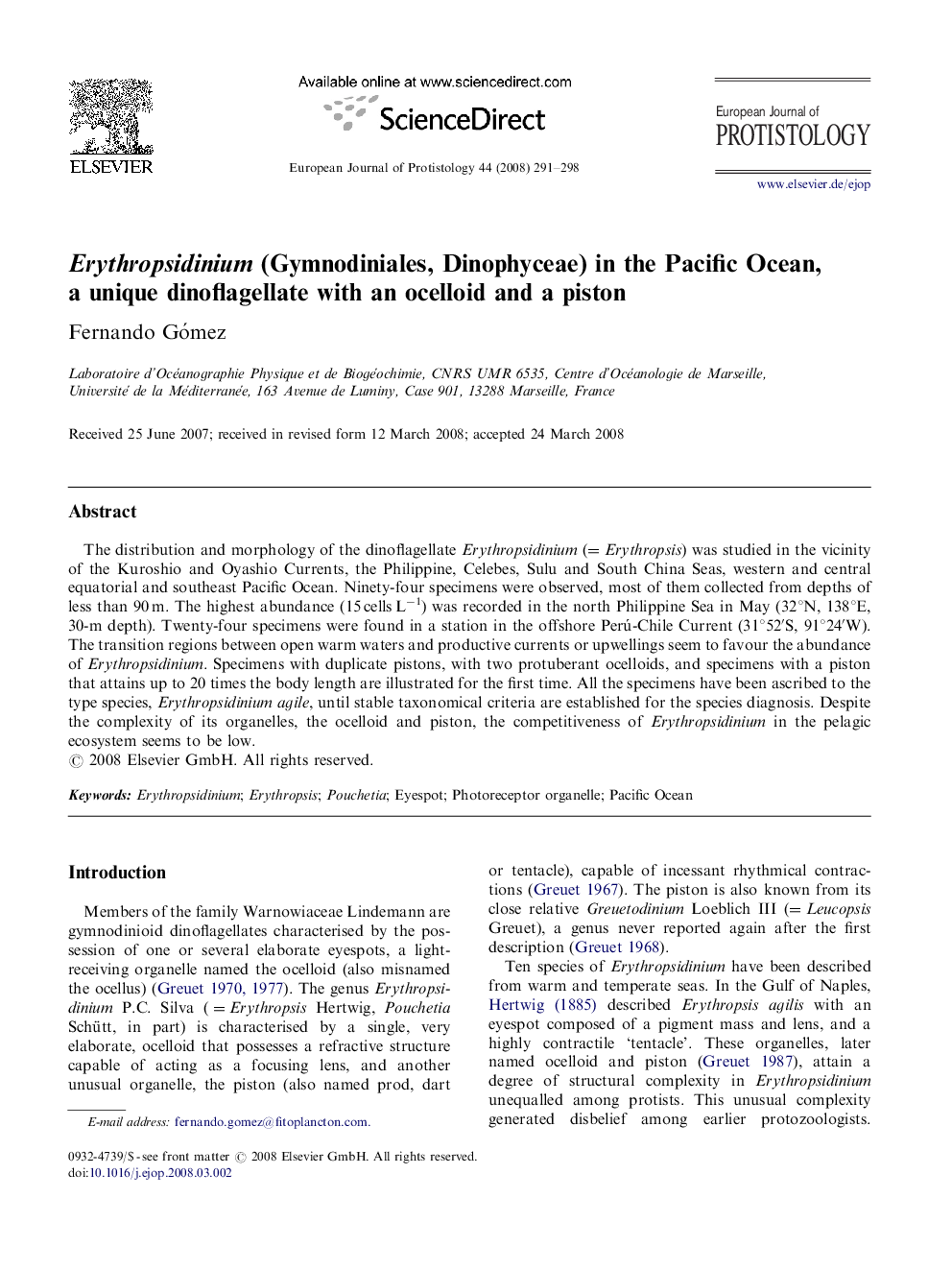 Erythropsidinium (Gymnodiniales, Dinophyceae) in the Pacific Ocean, a unique dinoflagellate with an ocelloid and a piston