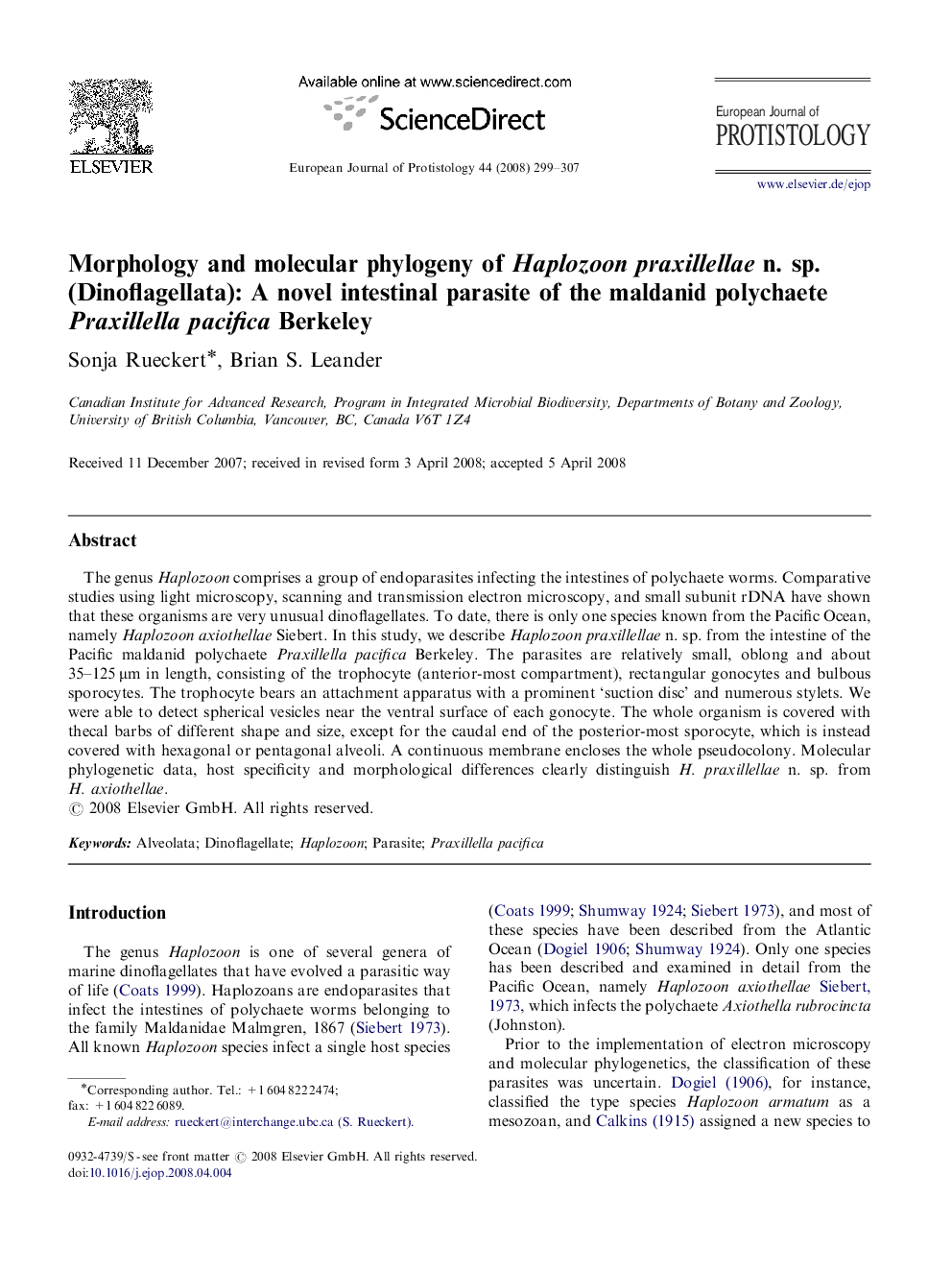 Morphology and molecular phylogeny of Haplozoon praxillellae n. sp. (Dinoflagellata): A novel intestinal parasite of the maldanid polychaete Praxillella pacifica Berkeley