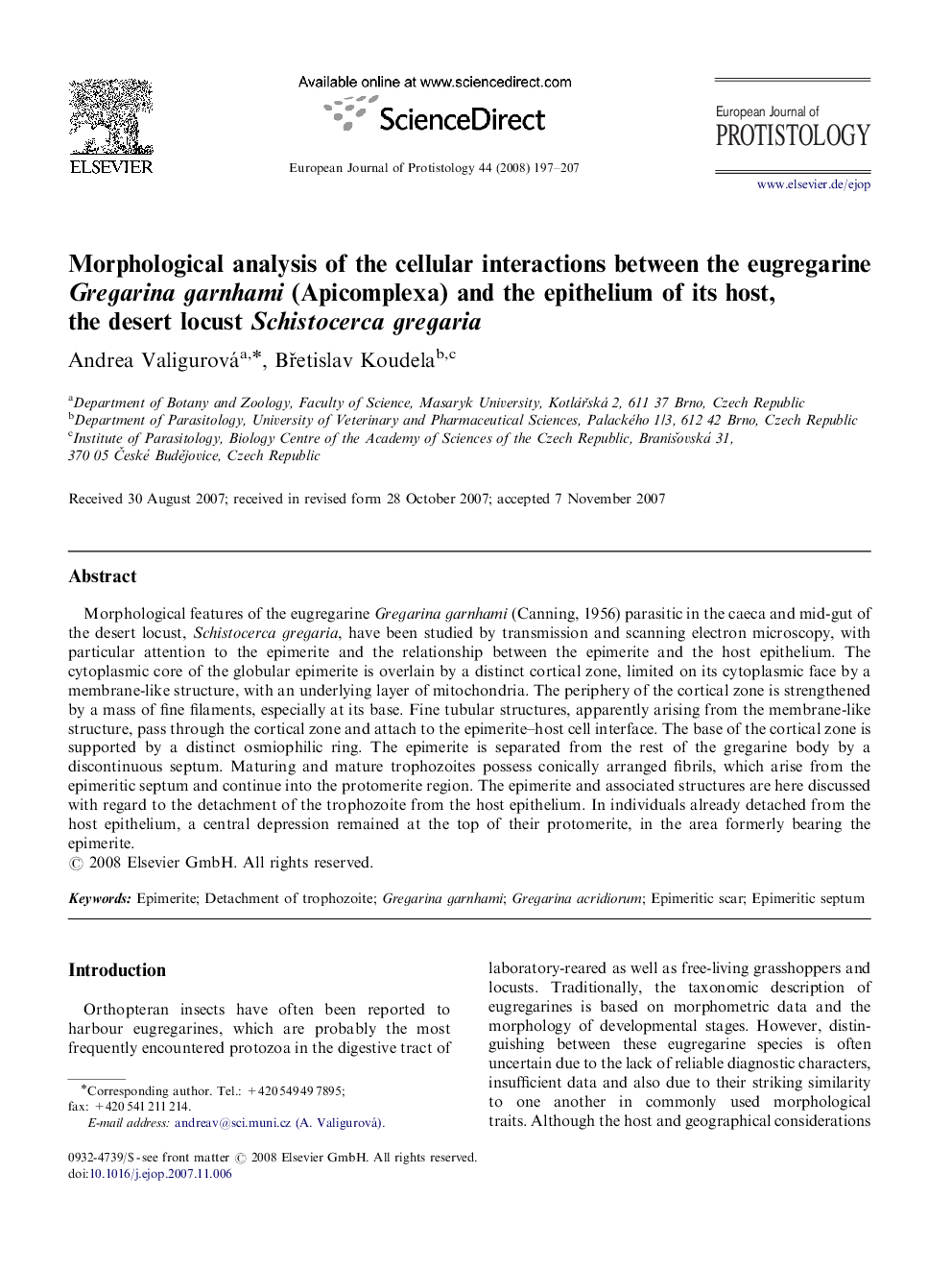 عکس صفحه اول مقاله: Morphological analysis of the cellular interactions between the eugregarine Gregarina garnhami (Apicomplexa) and the epithelium of its host, the desert locust Schistocerca gregaria Morphological analysis of the cellular interactions between the eugregarine Gregarina garnhami (Apicomplexa) and the epithelium of its host, the desert locust Schistocerca gregaria