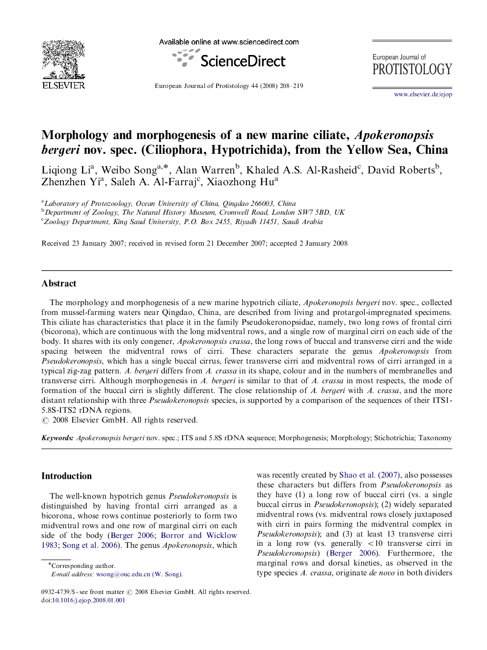 Morphology and morphogenesis of a new marine ciliate, Apokeronopsis bergeri nov. spec. (Ciliophora, Hypotrichida), from the Yellow Sea, China