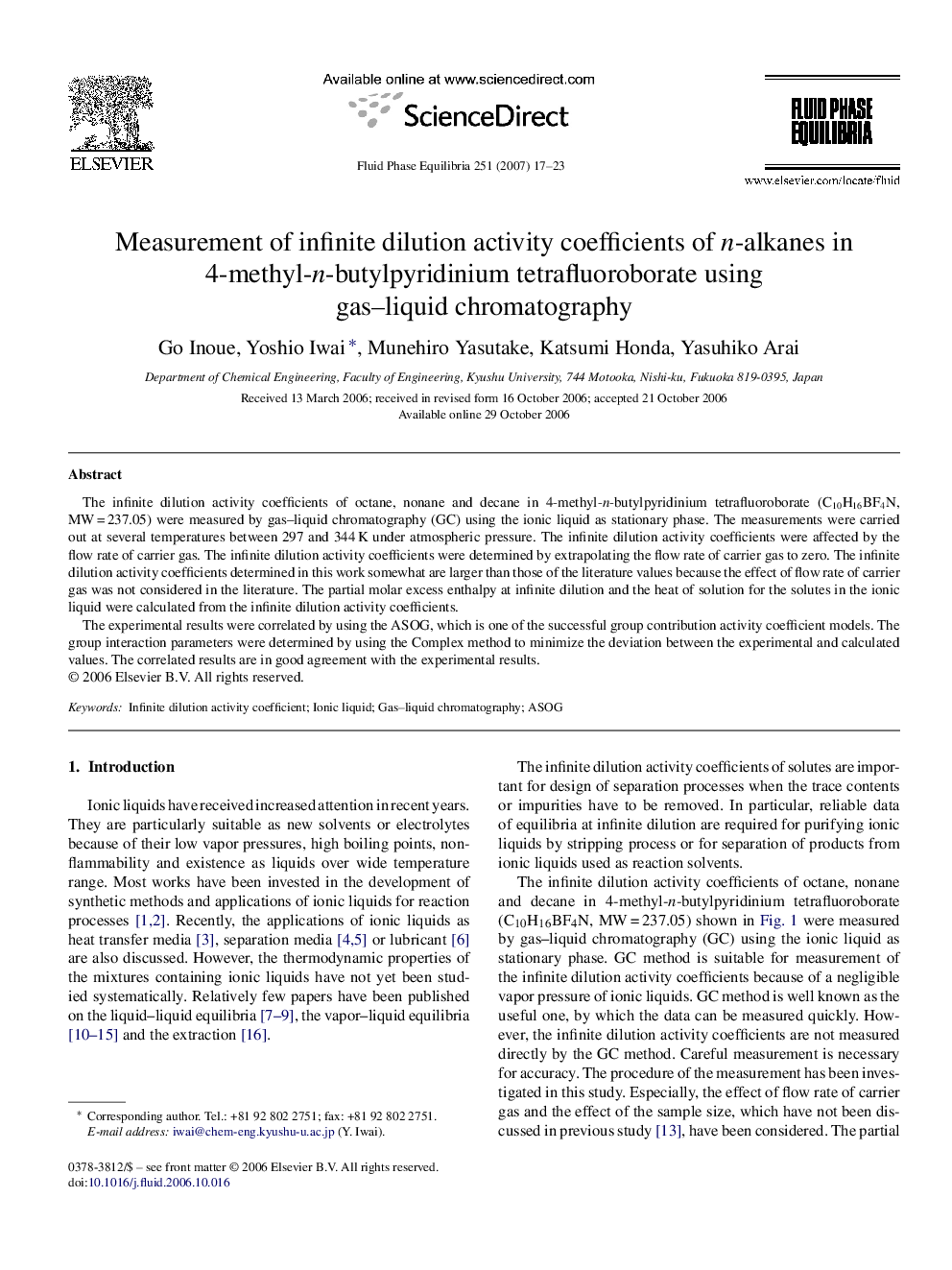 Measurement of infinite dilution activity coefficients of n-alkanes in 4-methyl-n-butylpyridinium tetrafluoroborate using gas–liquid chromatography