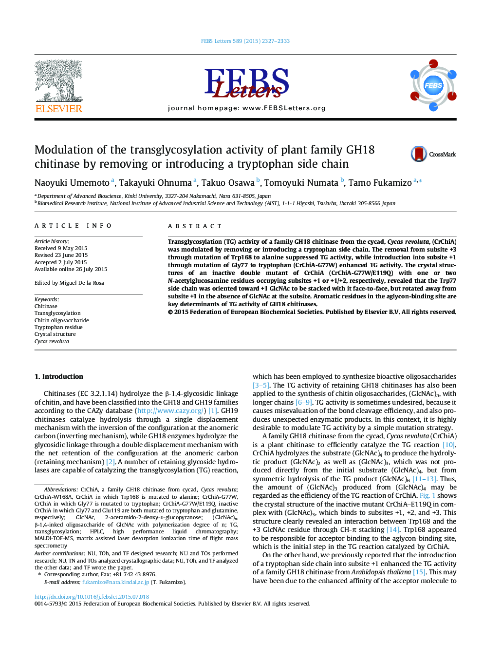 Modulation of the transglycosylation activity of plant family GH18 chitinase by removing or introducing a tryptophan side chain 