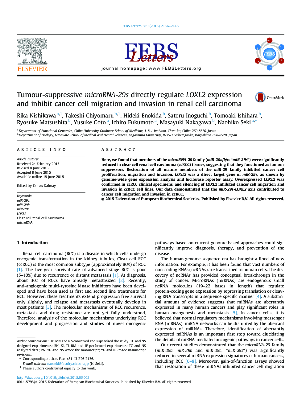 Tumour-suppressive microRNA-29s directly regulate LOXL2 expression and inhibit cancer cell migration and invasion in renal cell carcinoma