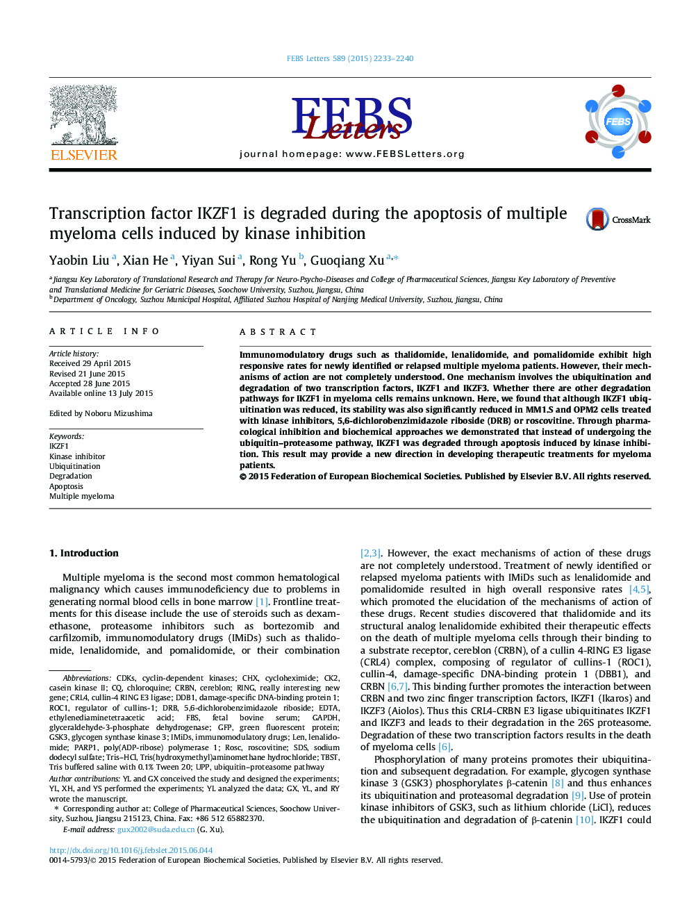 Transcription factor IKZF1 is degraded during the apoptosis of multiple myeloma cells induced by kinase inhibition 